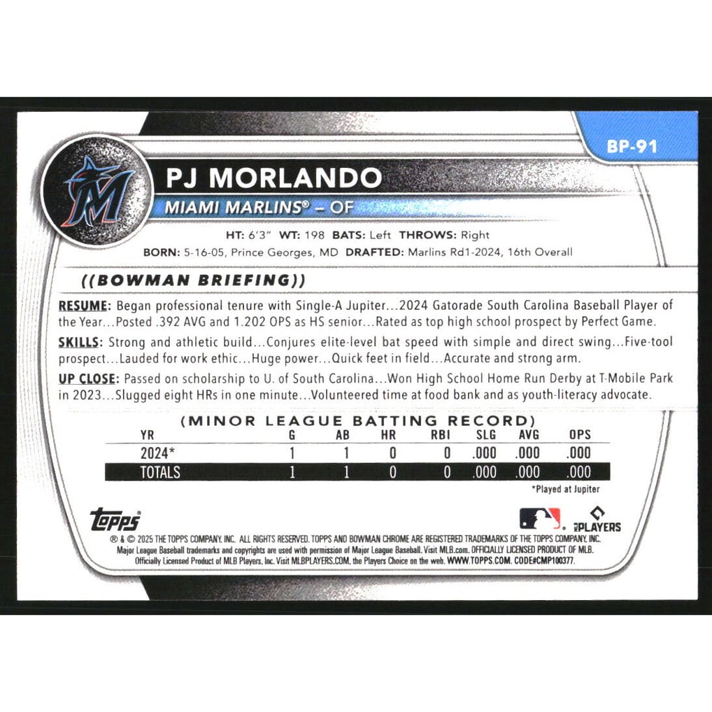 2025 Bowman Prospects Blue Pattern #BP91 PJ Morlando