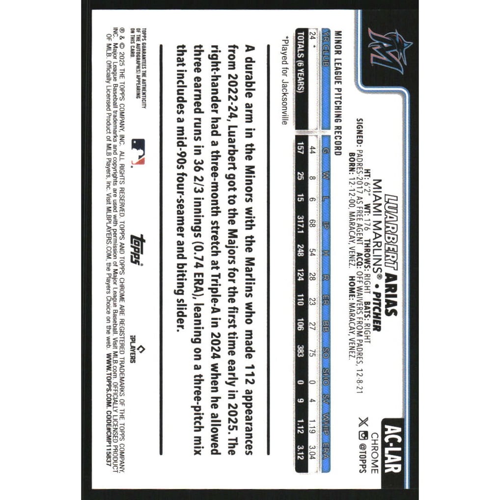 2025 Topps Chrome Update Autographs #ACLAR Luarbert Arias