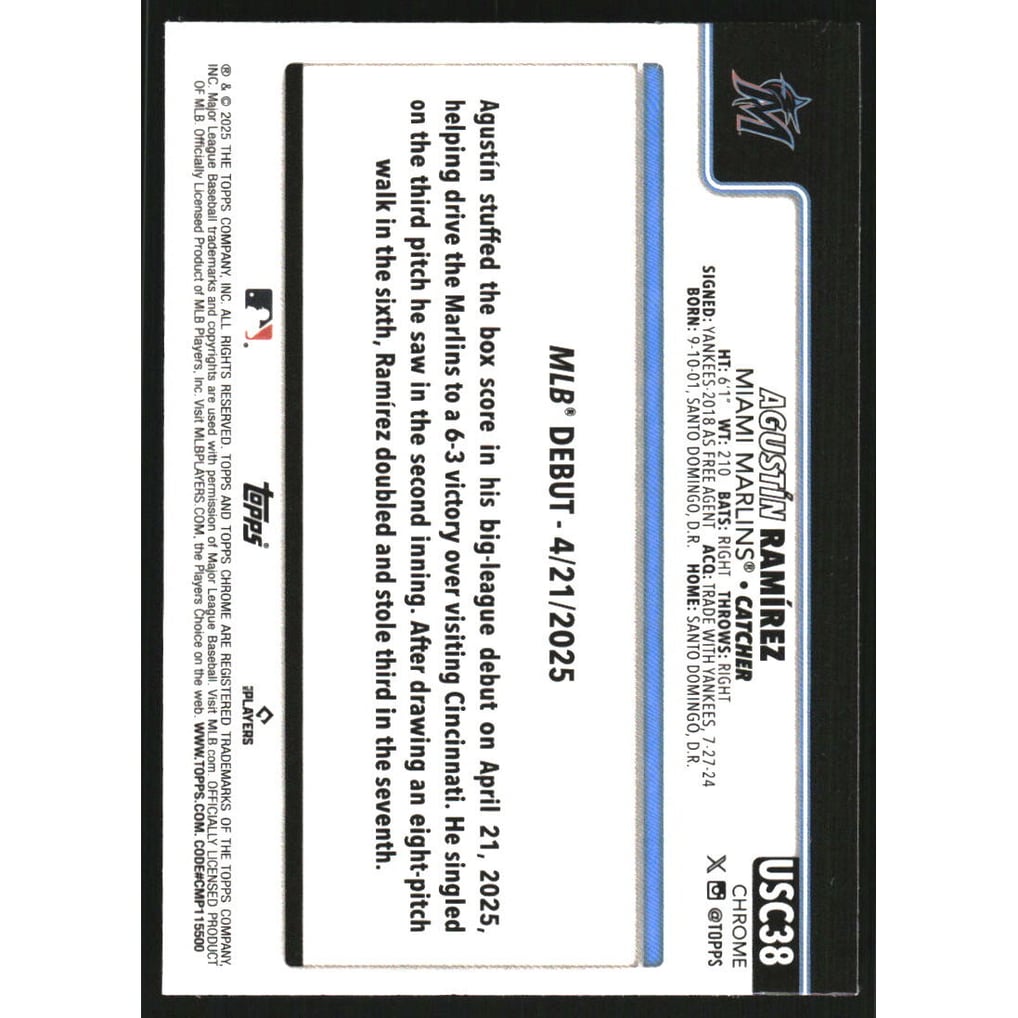 2025 Topps Chrome Update Teal RayWave Refractors #USC38 Agustin Ramirez
