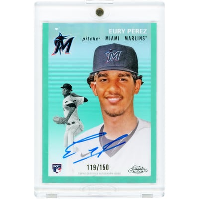 Eury Perez Miami Marlins Autographed 2023 Topps Chrome Platinum Anniversary Aqua Refractor #CPA-EP #119/150 Rookie Card