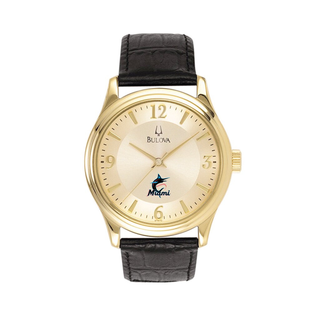 Miami Marlins Bulova Leather Strap Watch - Gold