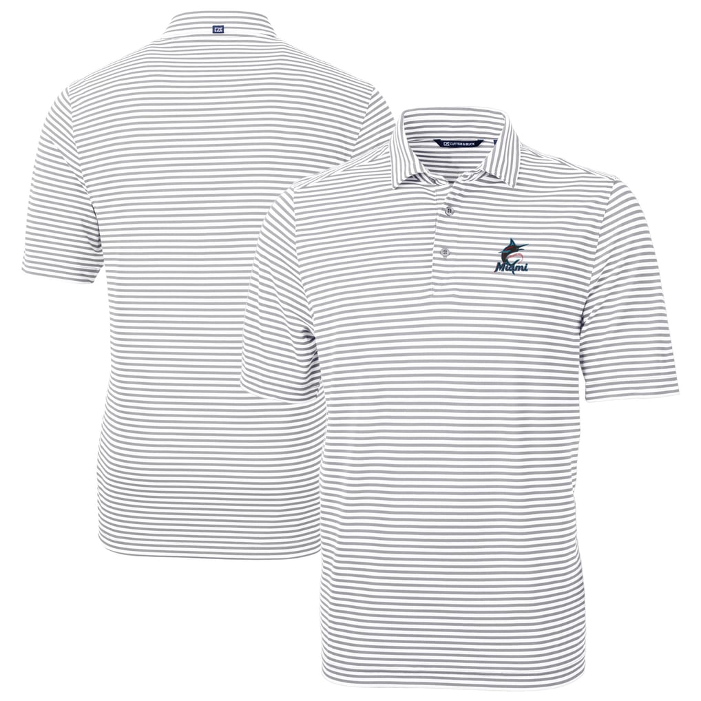 Miami Marlins Cutter & Buck Virtue Eco Pique Stripe Recycled Polo - Gray