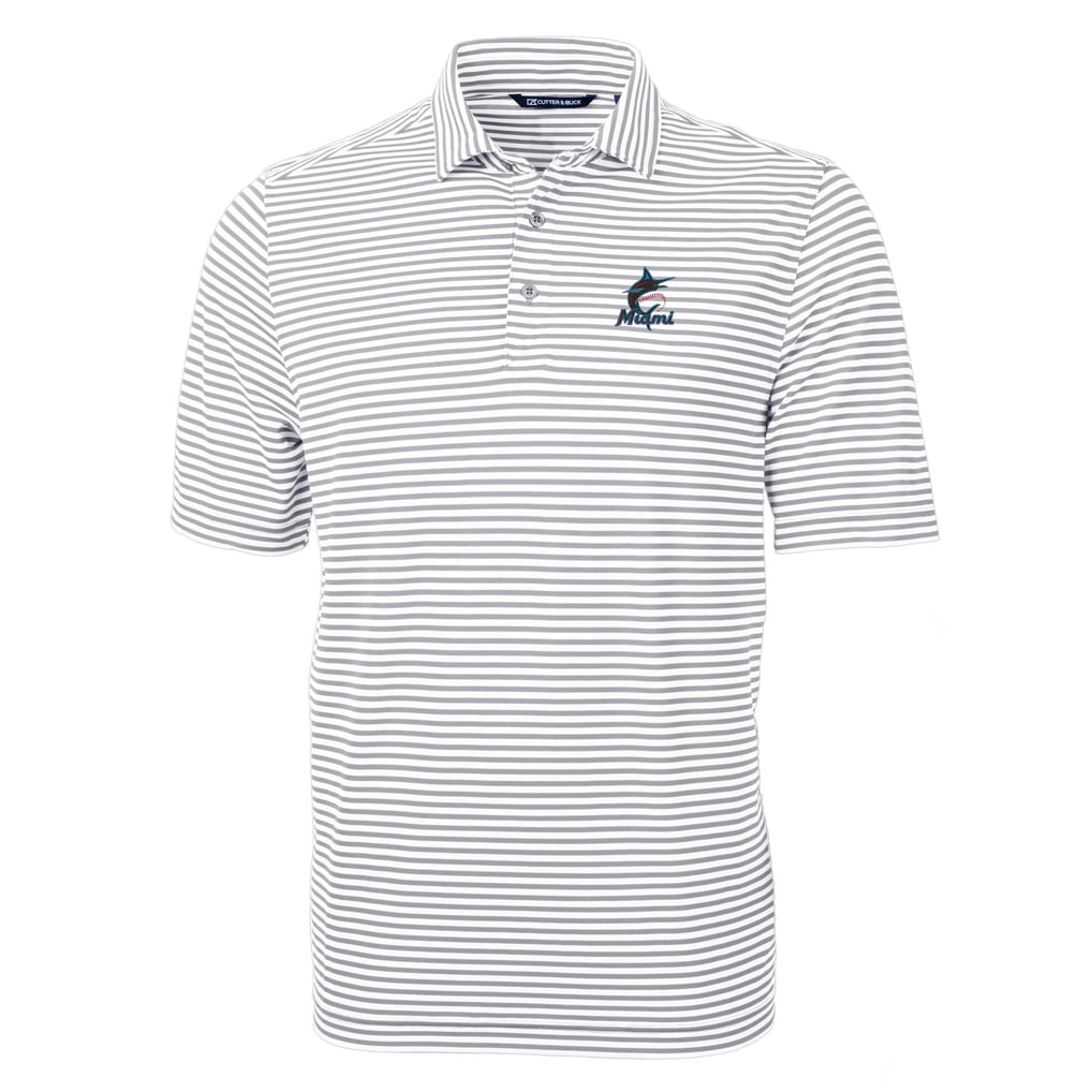 Miami Marlins Cutter & Buck Virtue Eco Pique Stripe Recycled Polo - Gray