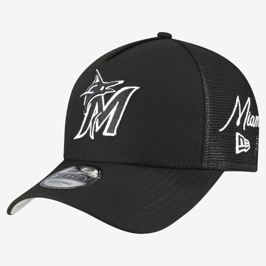 Miami Marlins New Era Side Script 9FORTY A-Frame Trucker Adjustable Hat - Black