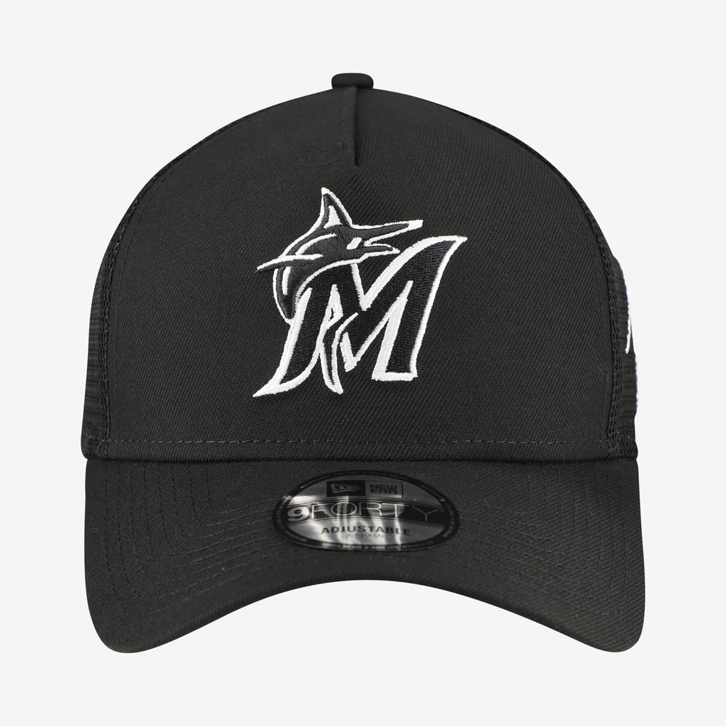 Miami Marlins New Era Side Script 9FORTY A-Frame Trucker Adjustable Hat - Black