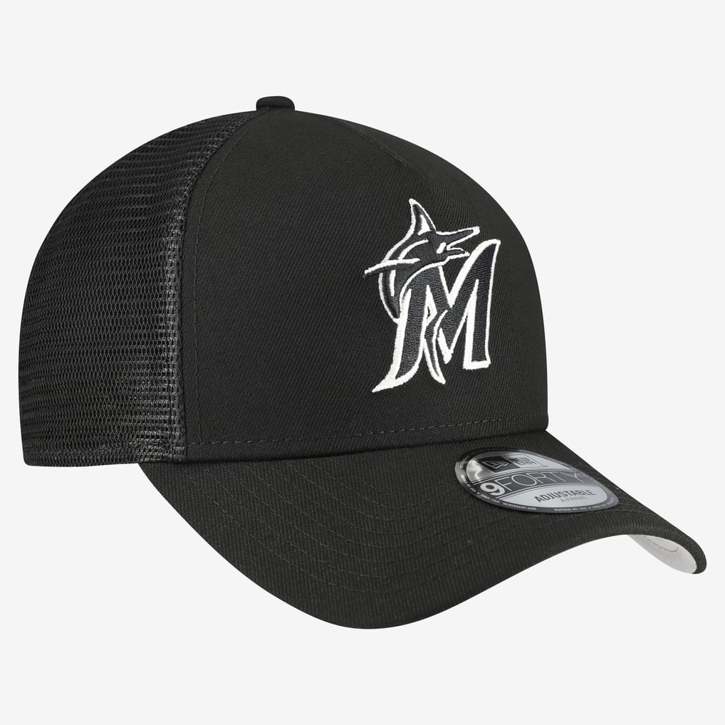 Miami Marlins New Era Side Script 9FORTY A-Frame Trucker Adjustable Hat - Black