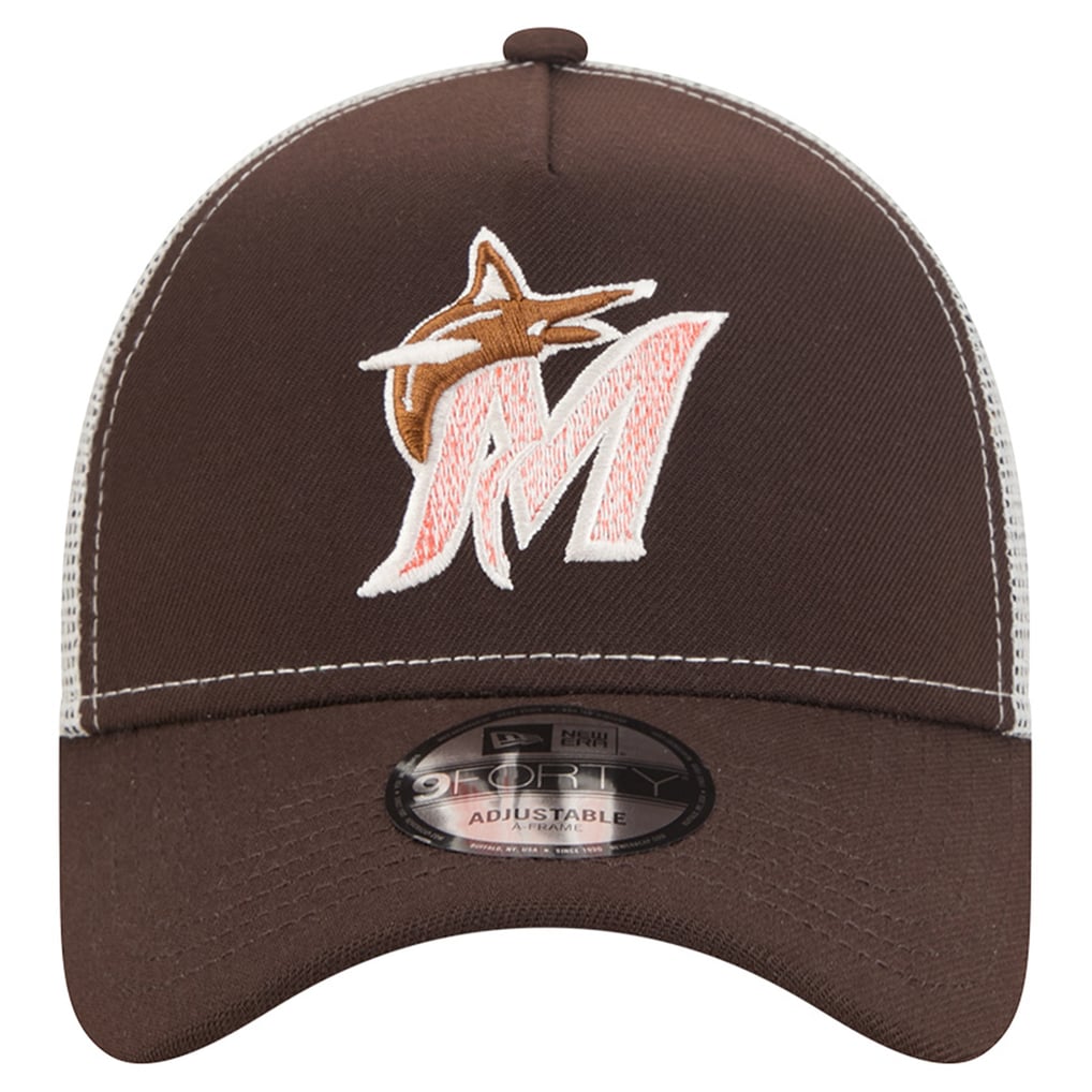 Miami Marlins New Era Pumpkin Spice 9FORTY A-Frame Adjustable Trucker Hat - Brown
