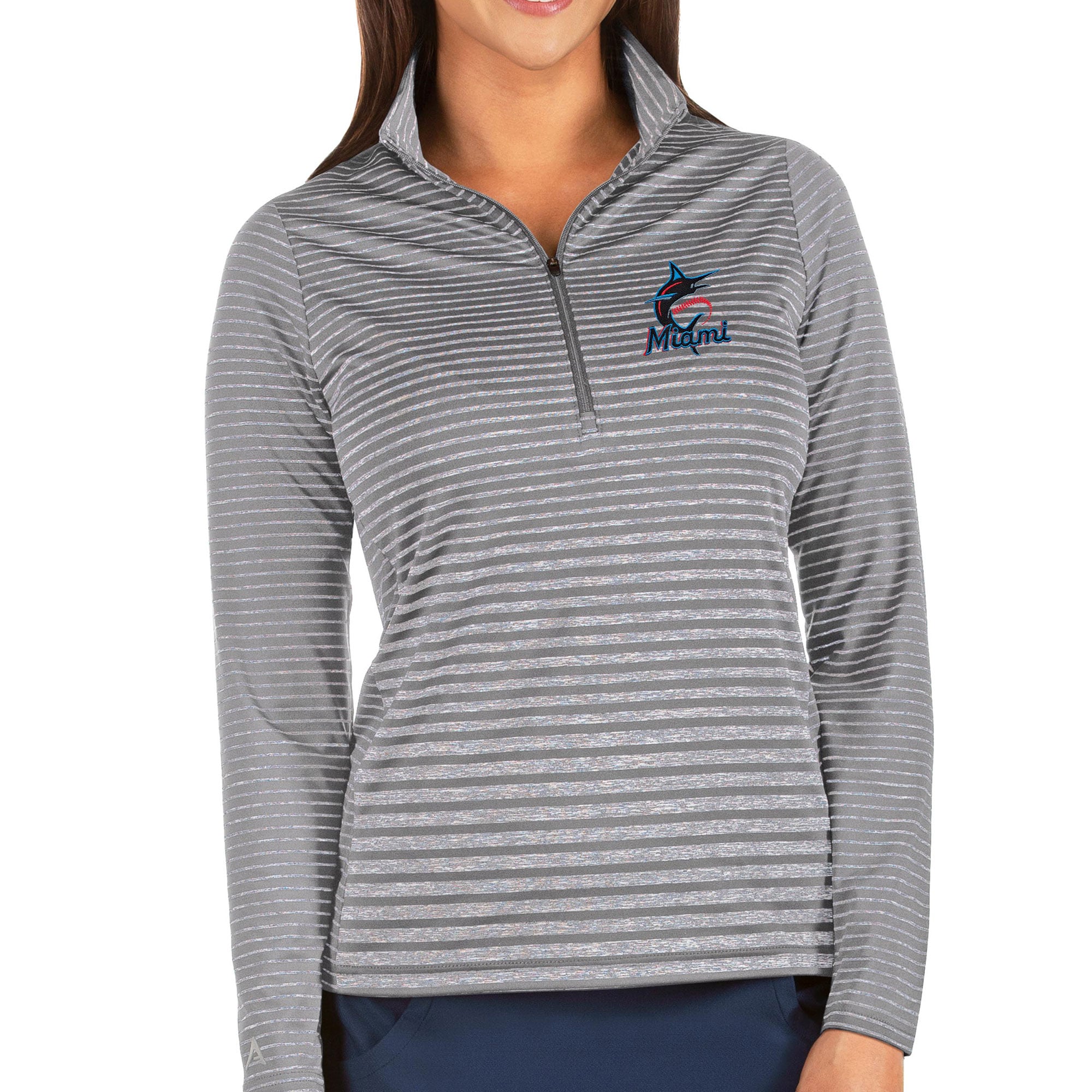 Women's Miami Marlins Antigua Heathered Gray Pace Half-Zip