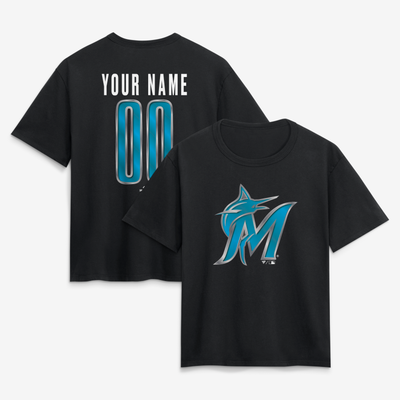 Miami Marlins Women's Forged Mascot Personalized Name & Number T-Shirt - Black