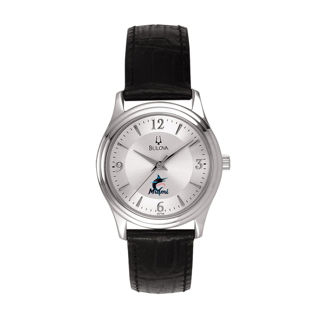 Miami Marlins Bulova Women's Leather Strap Watch - Silver