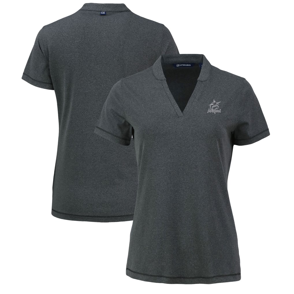 Miami Marlins Cutter & Buck Women's Forge Stretch Blade DryTec V-Neck Polo - Heather Black