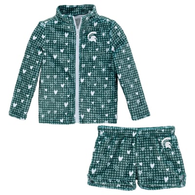 Michigan State Spartans ZooZatz Girls Toddler Heart Plaid Plush Full-Zip Jacket & Shorts Set - Green