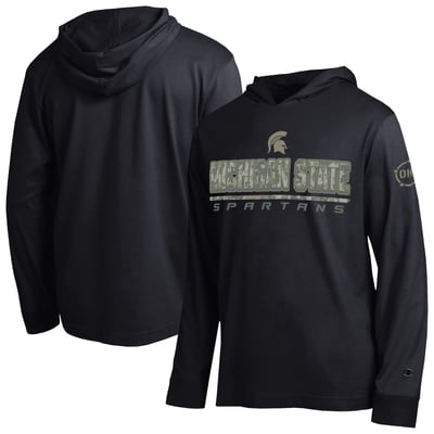  Michigan State Spartans Champion Operation Hat Trick Camo Script Hooded Long Sleeve T-Shirt - Black