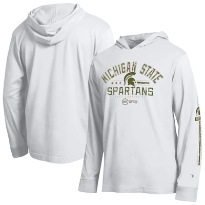  Michigan State Spartans Champion Operation Hat Trick Sleeve Line Hooded Long Sleeve T-Shirt - White