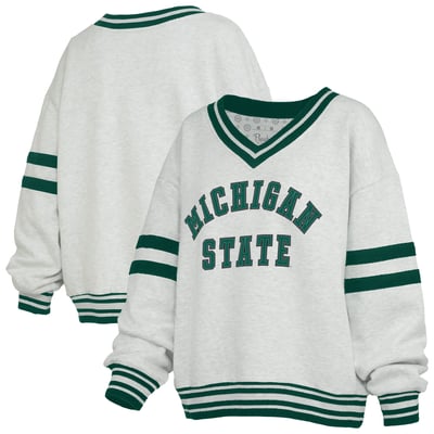 Michigan State Spartans Pressbox Women's Tackle Twill Oates V-Neck Sweatshirt - Heather Gray/Green