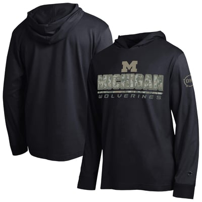  Michigan Wolverines Champion Operation Hat Trick Camo Script Hooded Long Sleeve T-Shirt - Black