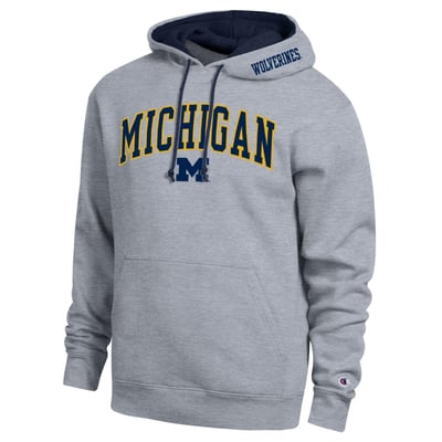  Michigan Wolverines Champion Arch Tackle Twill Hoodie - Heather Gray