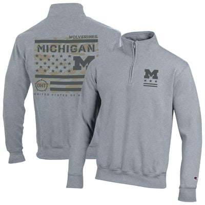  Michigan Wolverines Champion Operation Hat Trick Flag Powerblend Fleece Quarter-Zip Pullover - Heather Gray