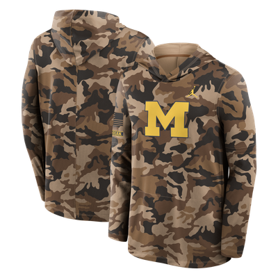 Michigan Wolverines Jordan Brand 2026 Military Appreciation Sideline Dri-FIT Hooded Long Sleeve T-Shirt - Camo