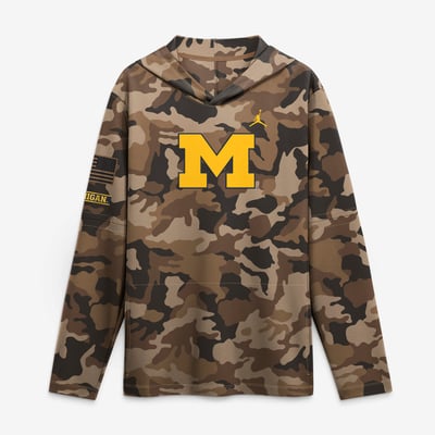 Michigan Wolverines Jordan Brand 2026 Military Appreciation Sideline Dri-FIT Hooded Long Sleeve T-Shirt - Camo