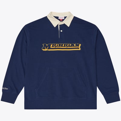  Michigan Wolverines Mitchell & Ness Retro Roots French Terry Long Sleeve Polo - Navy