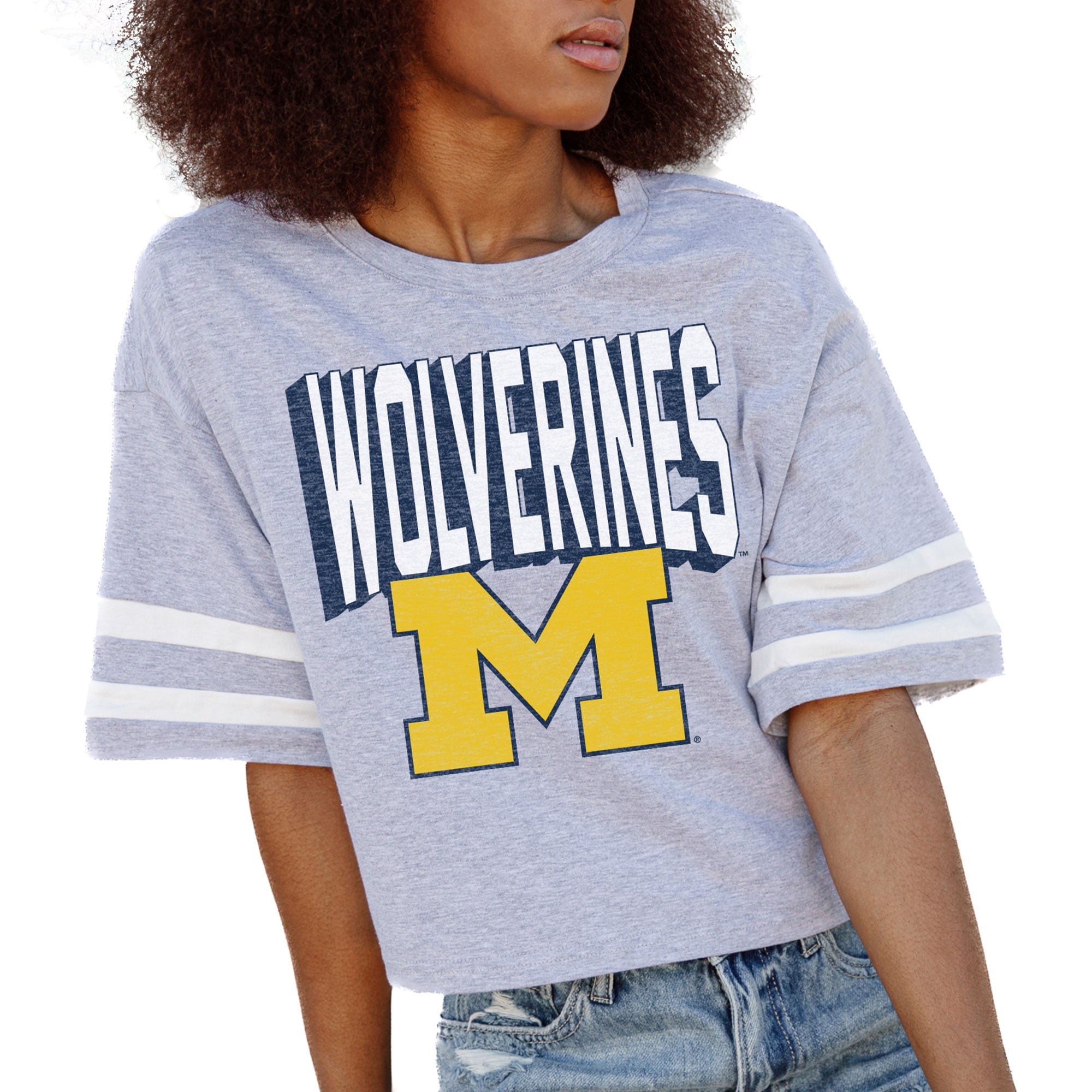 Women's Gameday Couture Gray Michigan Wolverines No Shortcuts Drop Shoulder Sleeve Stripe Cropped T-Shirt