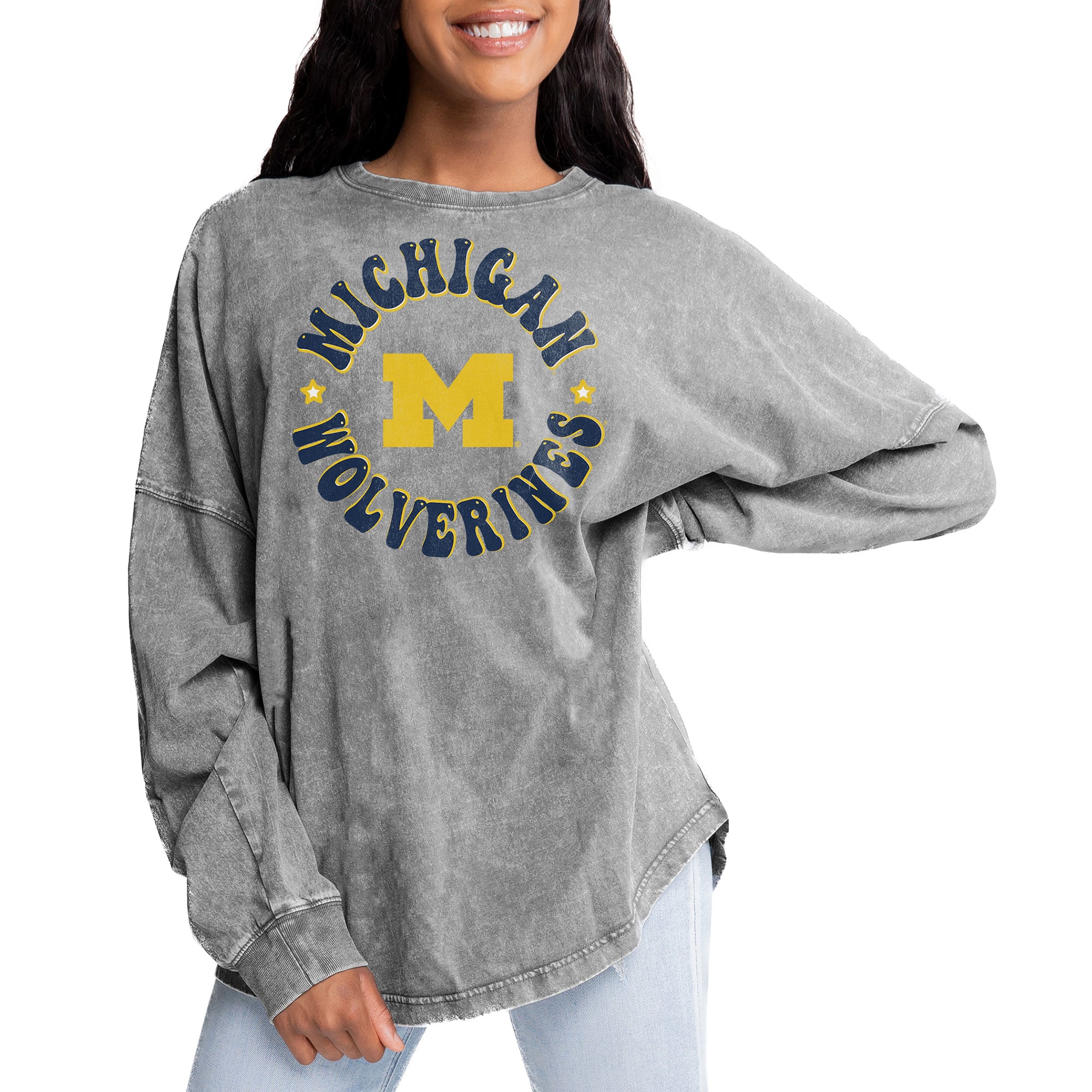 Michigan Wolverines Gameday Couture Women's Playing Around Faded Wash Oversized Long Sleeve T-Shirt - Gray