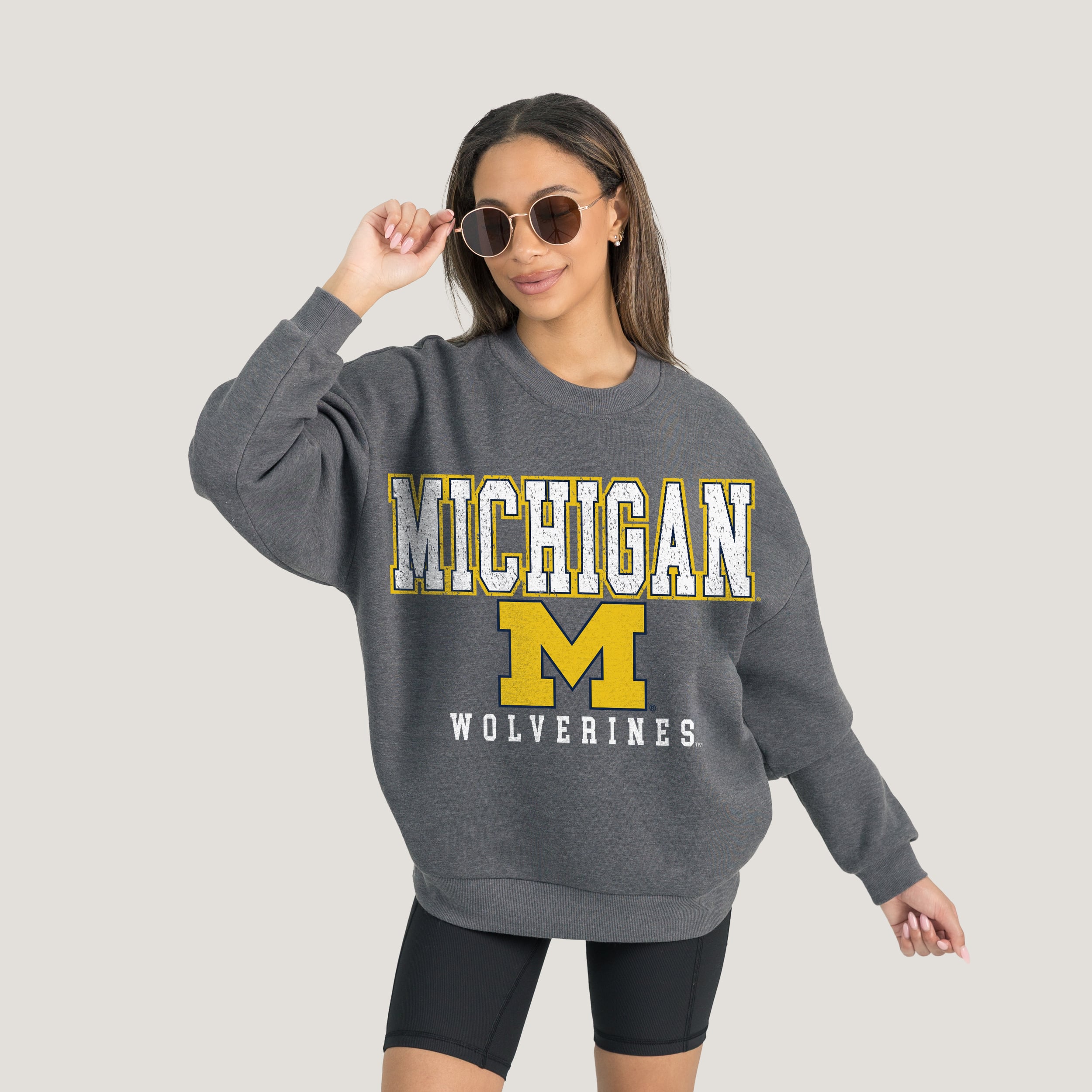 Michigan Wolverines Gameday Couture Women's Oversized Distressed Fleece Pullover Sweatshirt - Heather Charcoal