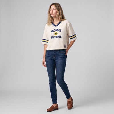 Michigan Wolverines Mitchell & Ness Women's Retro Roots Crop Boxy Yoke T-Shirt - Cream
