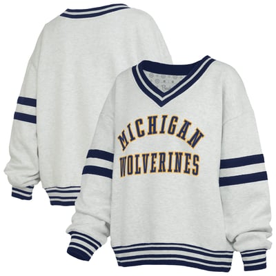 Michigan Wolverines Pressbox Women's Tackle Twill Oates V-Neck Sweatshirt - Heather Gray/Navy