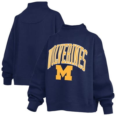  Michigan Wolverines Pressbox Women's Oversized Slogan Fleece Mock Neck Sweatshirt - Navy