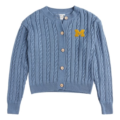  Michigan Wolverines Uscape Apparel Women's Renew Cable Cardigan Sweater - Light Blue