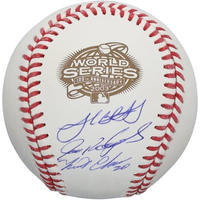 Miguel Cabrera, Josh Beckett & Ivan Rodriguez Florida Marlins Autographed Fanatics Authentic 2003 World Series Logo Baseball 