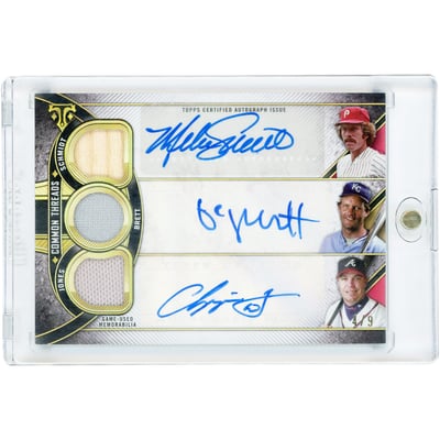 Mike Schmidt, George Brett & Chipper Jones Autographed 2024 Topps Triple Threads Triple Game Used Relics #CCTARC-SBJ #4/9 Card