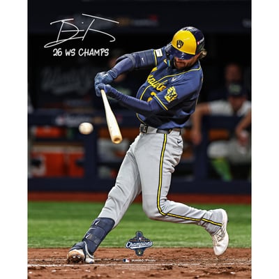 Brice Turang Milwaukee Brewers Autographed Fanatics Authentic 2026 World Series Champions 16" x 20" Photograph with "26 WS Champs" Inscription 