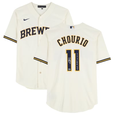 Jackson Chourio Milwaukee Brewers Autographed Fanatics Authentic Cream Nike Replica Jersey with "MLB Debut 3-29-24" Inscription