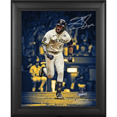 Jackson Chourio Milwaukee Brewers Framed Autographed 2026 World Series Champions 11" x 14" Team Color Spotlight Photograph - Limited Edition #1/1