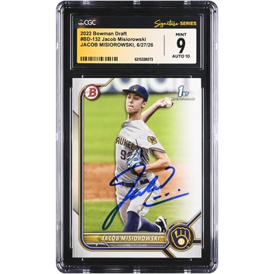Jacob Misiorowski Milwaukee Brewers Autographed 2022 Bowman Draft #BD-132 CGC Fanatics Witnessed Authenticated 9/10 Card