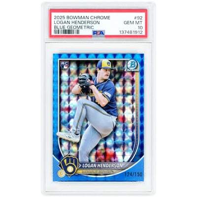 Logan Henderson Milwaukee Brewers 2025 Bowman Chrome Blue Geometric Refractor #92 #124/150 PSA Authenticated 10 Rookie Card