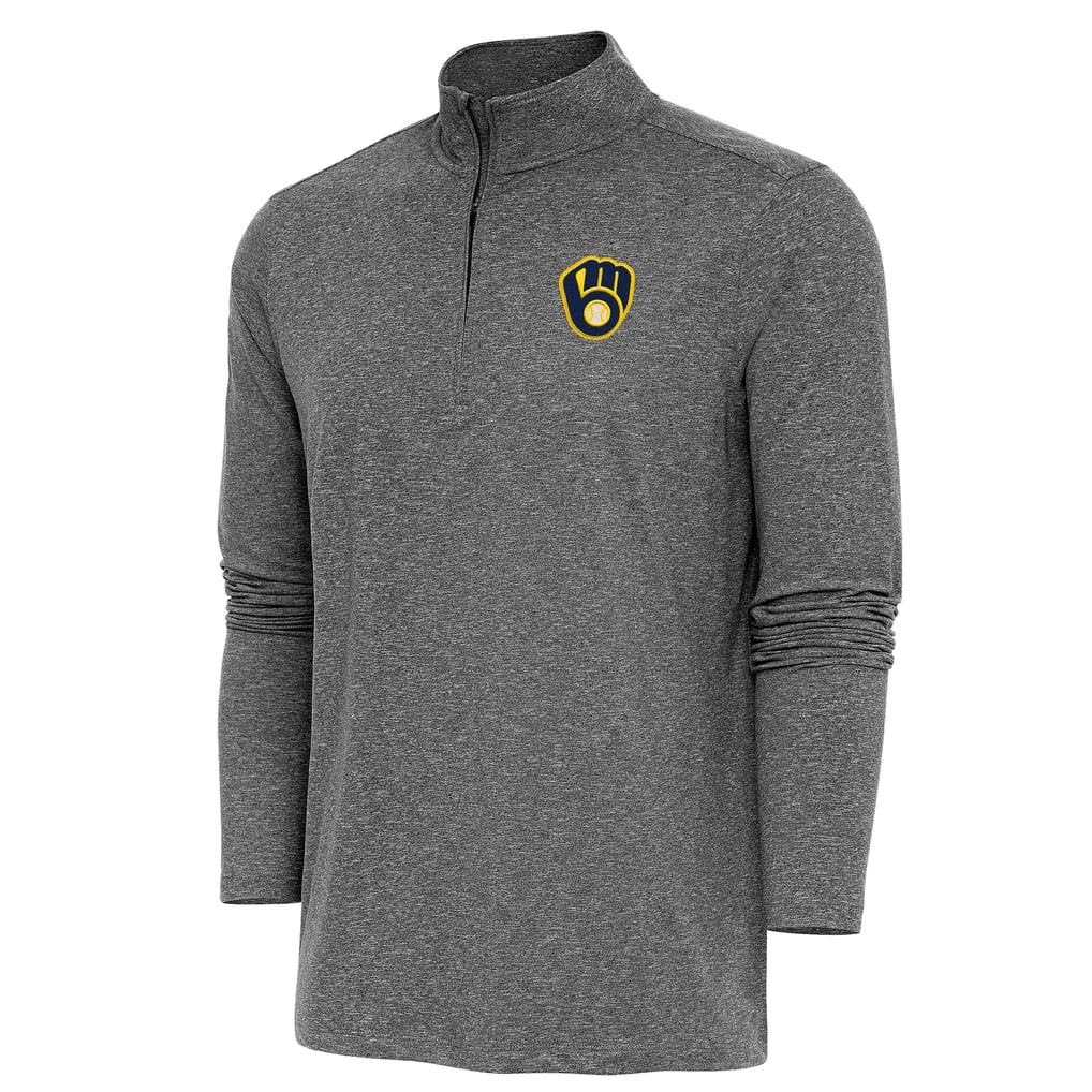  Milwaukee Brewers Antigua Hunk Quarter-Zip Pullover Top - Heather Black