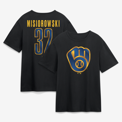 Jacob Misiorowski Milwaukee Brewers Metallic Mascot Name & Number T-Shirt - Black