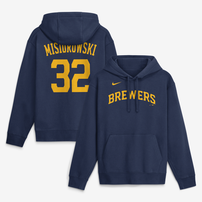 Jacob Misiorowski Milwaukee Brewers Nike Name & Number Club Fleece Pullover Hoodie - Navy