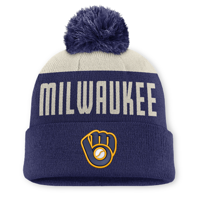  Milwaukee Brewers Nike Cooperstown Collection Peak Standard Cuffed Knit Hat with Pom - Natural/Navy