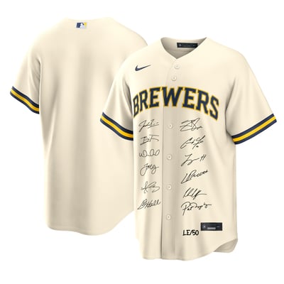 Milwaukee Brewers Autographed Fanatics Authentic 2026 World Series Champions Cream Nike Replica Jersey with at Least 12 Signatures - Limited Edition of 50