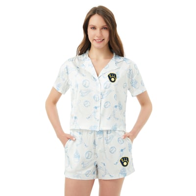  Milwaukee Brewers Concepts Sport Women's Hilton Satin Allover Print Button-Up Shirt & Shorts Set - White