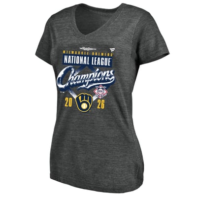 Milwaukee Brewers Fanatics Women's 2026 National League Champions Locker Room Plus Size V-Neck T-Shirt - Heather Charcoal