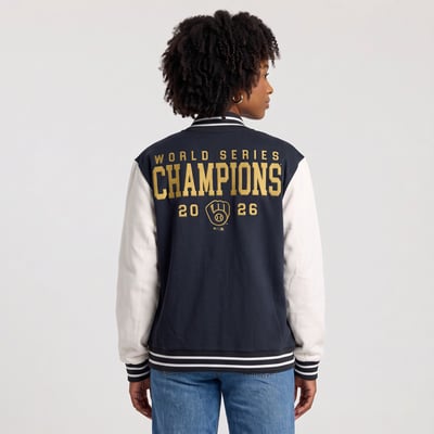 Milwaukee Brewers Fanatics Women's 2026 World Series Champions Fleece Full-Snap Bomber Jacket - Navy