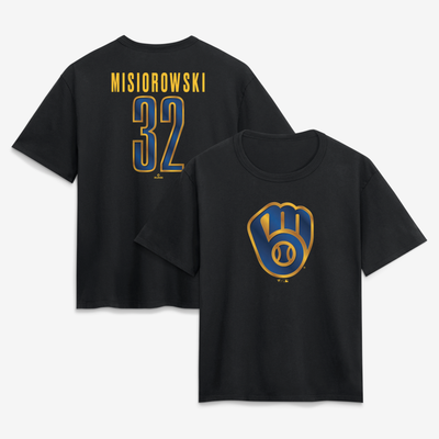 Jacob Misiorowski Milwaukee Brewers Women's Metallic Mascot Name & Number T-Shirt - Black