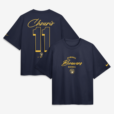 Jackson Chourio Milwaukee Brewers Nike Women's Premium Essentials Boxy Name & Number T-Shirt - Navy