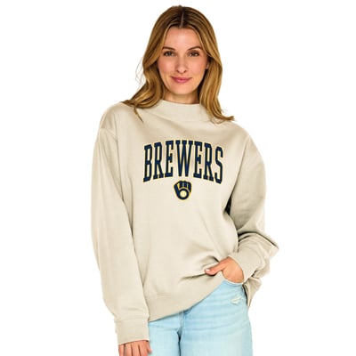  Milwaukee Brewers Soft as a Grape Women's Mock Neck Fleece Crew Sweatshirt - Natural